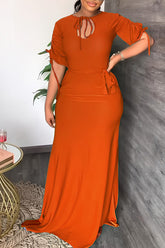 Solid Color Mid-Length Sleeve Elegant High Slit Drawstring Long Dress