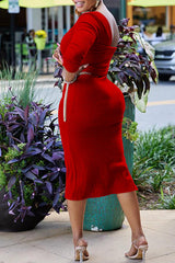 Fashionable Diagonal Neck Long Sleeve Metal Chain Belt Dress