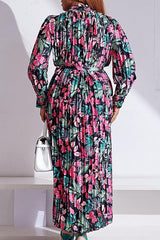 New Long Sleeve Printed Pleated Tie Turtleneck Dress