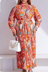 New Long Sleeve Printed Pleated Tie Turtleneck Dress