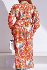 New Long Sleeve Printed Pleated Tie Turtleneck Dress