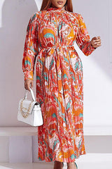 New Long Sleeve Printed Pleated Tie Turtleneck Dress