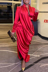 Sexy Deep V Pleated Slim Fit Long Sleeve Dress