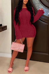 Sexy Hollow Thin Long Sleeve Top Round Neck Back Hollow Dress