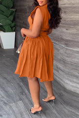 Fashion Waist Pleated Sleeveless Solid Color Dress