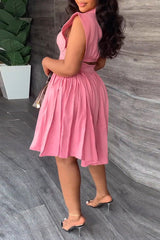Fashion Waist Pleated Sleeveless Solid Color Dress