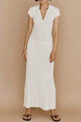 Casual Waist Neck Lapel V-Neck Pit Strip Slim Knitted Long Dress