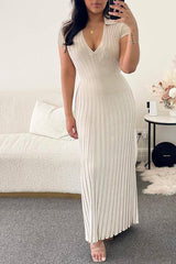 Casual Waist Neck Lapel V-Neck Pit Strip Slim Knitted Long Dress