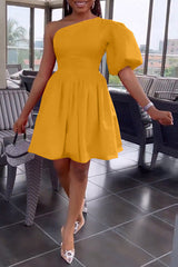 Fashion One Sleeve Puff Sleeve Neck Pleated Dress