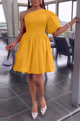 Fashion One Sleeve Puff Sleeve Neck Pleated Dress