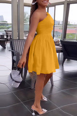 Fashion One Sleeve Puff Sleeve Neck Pleated Dress