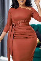 Fashion Solid Color Tie Ruched Slant Neck Dress