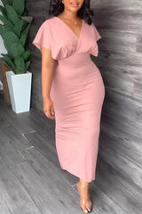 Fashion Casual Slit V Neck Short Sleeve Multicolor Dress