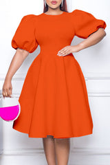Fashion Round Neck Temperament Puff Sleeve Waist Swing Dress A-Line Dress