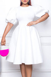 Fashion Round Neck Temperament Puff Sleeve Waist Swing Dress A-Line Dress