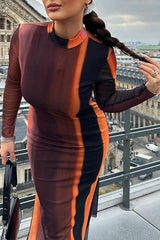 Fashion Stand Collar Long Sleeve Irregular Fashion Print High Waist Slim Fit Hip Dress