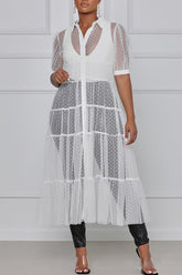 Fashion Polka Dot Solid Color Mesh Short Sleeve Dress