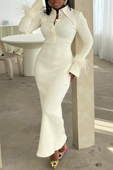 Fashion Lapel Long Sleeve Feather Mid-Length Ribbon Dress