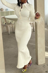 Fashion Lapel Long Sleeve Feather Mid-Length Ribbon Dress