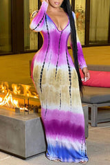 New Printed Color Contrast V-neck Long Sleeve Waist Pack Hip Dress