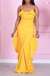 Fashion Sling Pure Color Ruffle Dress