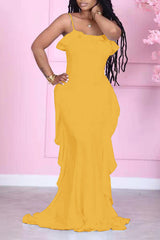 Fashion Sling Pure Color Ruffle Dress