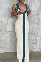 Sexy V-neck Wide Shoulder Straps Contrasting Color Slim Holiday Dress