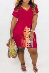 Fashionable V-Neck Character Print QUEEN Dress