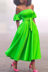 Fashionable Neck Solid Color Flowing Puff Sleeve Dress With Belt