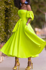 Fashionable Neck Solid Color Flowing Puff Sleeve Dress With Belt