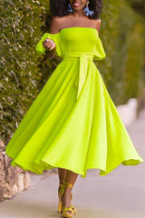 Fashionable Neck Solid Color Flowing Puff Sleeve Dress With Belt