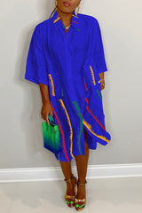 Fashion Printed Stitching Long Sleeve Shirt Pocket Dress