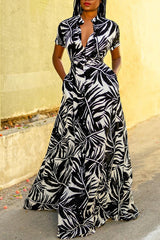 Fashion Printed Short Sleeve Tie Cardigan Lapel Dress