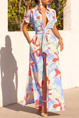 Fashion Printed Short Sleeve Tie Cardigan Lapel Dress