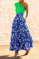 Sexy Slit Back One Shoulder Pleated Stitching Printed Slit Dress