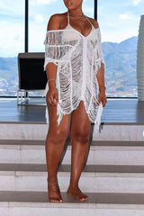 Sexy Fashion Hollow Solid Color Beach Dress