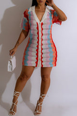 Knitted Sexy Cardigan Hollow Gradient Contrast Color Dress