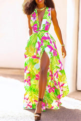 Fashionable V-neck Printed Lace-Up Long Swing Dress