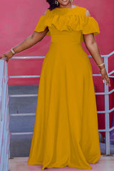 Elegant Cold Shoulder Ruffle Trim Plus Size Maxi Dress