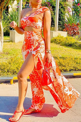 Floral One Shoulder Cutout Slit Plus Size Maxi Dress