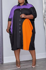 Plus Size Colorblock Button Down Shirt Midi Dress
