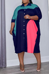 Plus Size Colorblock Button Down Shirt Midi Dress