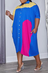 Plus Size Colorblock Button Down Shirt Midi Dress