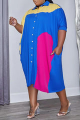 Plus Size Colorblock Button Down Shirt Midi Dress