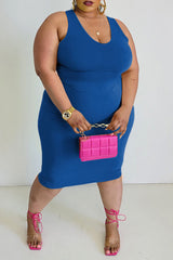 Plus Size Solid Color U Collar Sleeveless Midi Dress