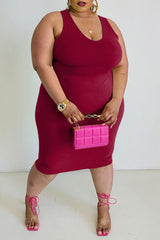 Plus Size Solid Color U Collar Sleeveless Midi Dress