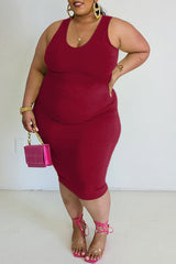 Plus Size Solid Color U Collar Sleeveless Midi Dress