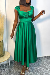 Elegant V-neck Ruched Short Sleeve Silky Maxi Dress