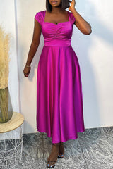 Elegant V-neck Ruched Short Sleeve Silky Maxi Dress