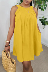 Sleeveless Ruched Pocket Cotton Blend Mini Dress